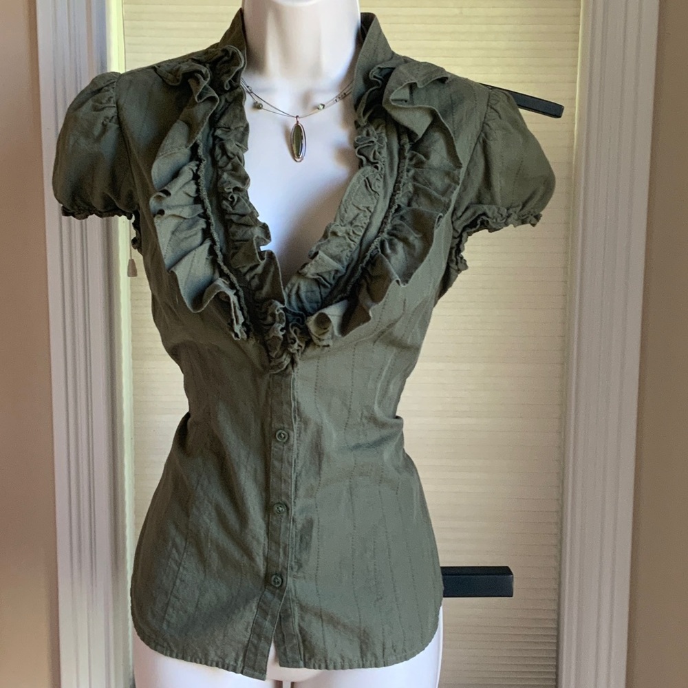 Ruffled V-Neck Puff Sleeve Top - Olive Green